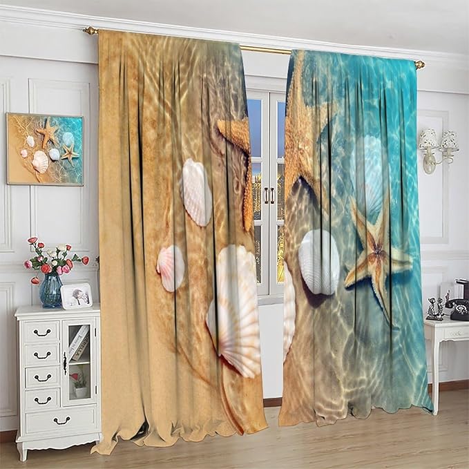 Beach Curtain for Bathroom Decor，Sea Turtle Starfish Seashell Nautical Ocean Coastal Scenery Art Printed Fabric Polyester Waterproof Set 2 Panels,42x45 Inches