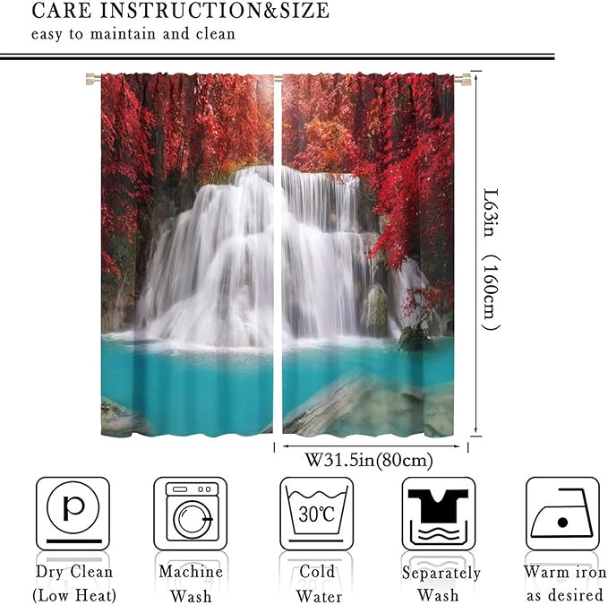 Red Forest Waterfall Blackout Windows Curtains, Tree Landscape Woodland Scenic Nature Fall Scenery Art Printed Curtains, for Living Room Bedroom 63x63in 2 Panels