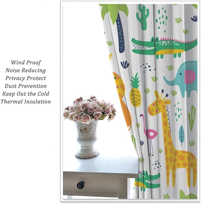 Kids Animals Blackout Curtains Cartoon Cute Abstract Fun Tropical Animals Art Printed for Children Girls Boys Bedroom Nursery Rod Pocket Decoration Window Drapes 2 Panels W21xL54in