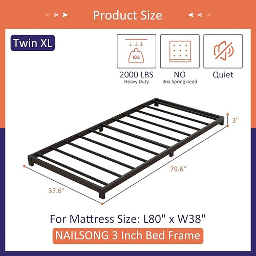3 Inch Twin XL Bed Frames Low Profile, XL Twin Bed Frame No Box Spring Needed, Heavy Duty Metal, Easy Assembly, Black