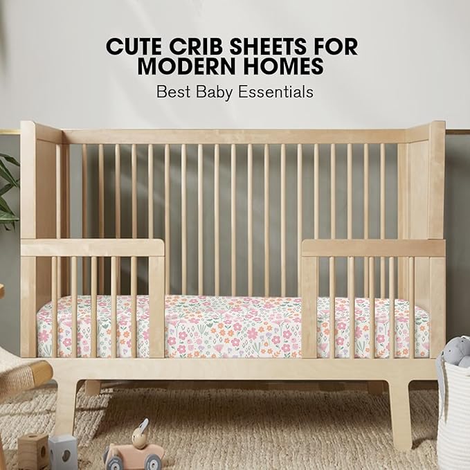 Little Grape Land Crib Sheets for Girls, Soft Microfiber Fitted Baby Sheets for Standard Crib and Toddler Mattress, 28x52x8 inch,Comfortable & Secure Fit (Pink & Floral)
