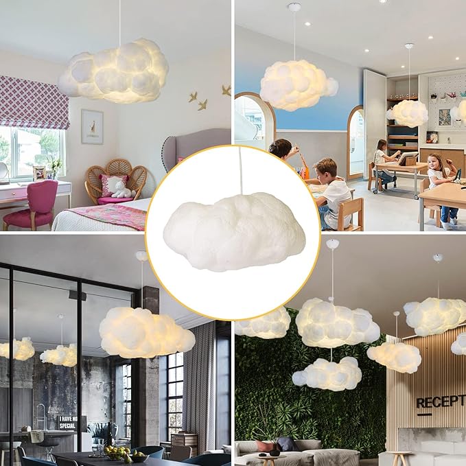 Funteam Modern Floating White Cloud Pendant Hanging Light Nordic Cotton Ceiling Light Fixture Girls Children's Living Room Bedroom Hotel Lobby Restaurant Clothing Store Chandelier (19.7Inch)