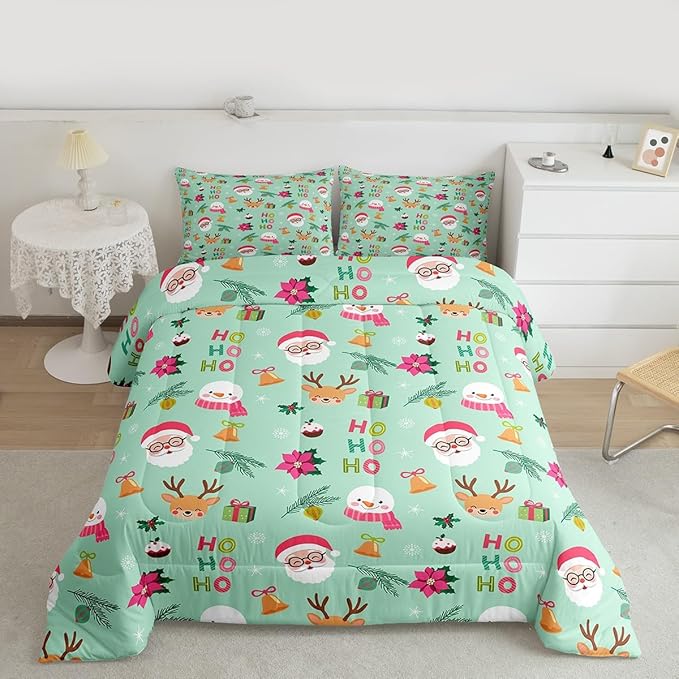 Feelyou Christmas Decor Bedding Set Soft for Boys Girls, Happy New Year Comforter Set Full Size Santa Claus Duvet Quilt Microfiber Bedroom Decor 3 Pcs with 2 Pillow Cases