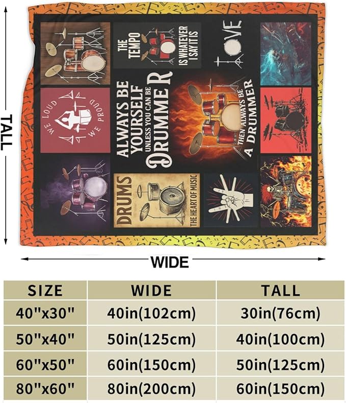 Drum Set Fleece Blanket Rock Music Throw Blankets for Girls Boys Super Soft Warm Flannel Cool Musical Instrument Throws Gifts for Men Women Cozy Fuzzy Plush Stuffed Couch Bed Bedding Decor 60"x50"