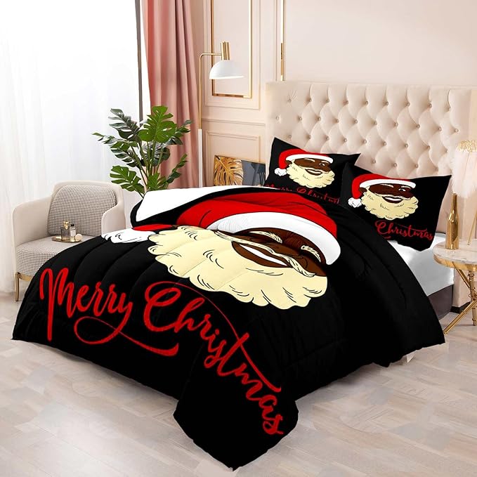 LUVIVIHOME 3PCS Christmas Comforter Set King Size, Funny African American Black Santa Claus Bedding, Winter Xmas Merry Christmas Bedroom Decor for Kids Boys Girls Teens, Xmas Gifts, 2 Pillow Shams