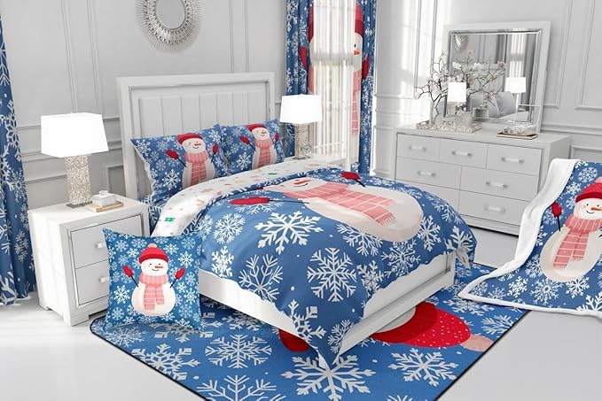Feelyou Christmas Comforter Set Toddler Size Snowman Blue Bedding Set for Kids Boys Girls Xmas Snowflakes Duvet Quilt Winter Snow Bedroom Decor Microfiber 2 Pcs with 1 Pillow Cases
