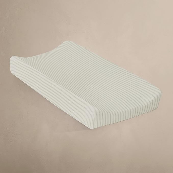Oilo Changing Pad Cover, Breathable 100% Organic Cotton Fitted Jersey, 300 Thread Count, Machine Wash, Fits Standard Changing Pads (32" x 16"), Heirloom Organic Collection, Sea Moss Sage Green Stripe