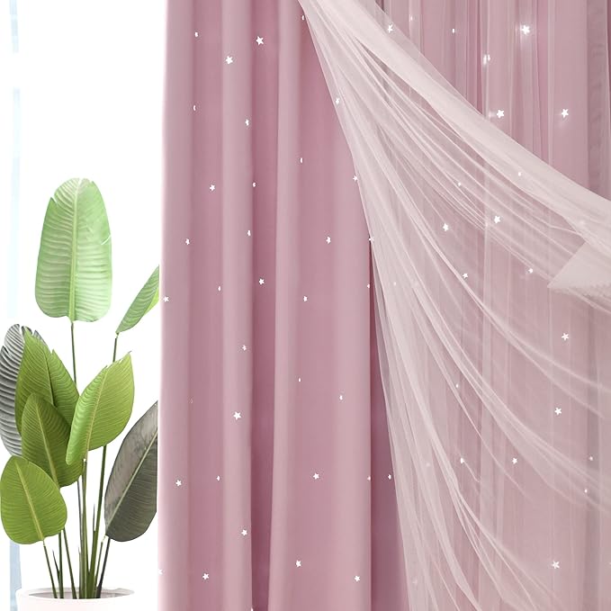 Kinryb Princess Curtains for Girls Bedroom with Sheer Overlay,Double Layer Curtain for Living Room with Star Cutout, Curtains for Kids Room (70 W*95 L Inches,2 Pcs Pink)