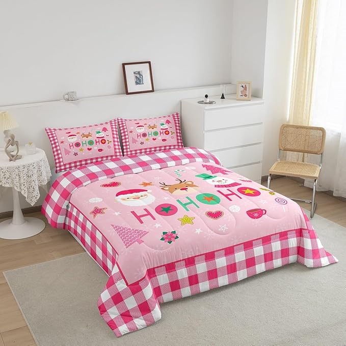 Merry Christmas Kids Comforter Set King Size,Cartoon Santa Claus Snowman Deer Bedding Set,Boys Girls Adults Room Decor,Geometric Grids Fashion Down Comforter,Pink Xmas Duvet Insert,2 Pillowcases