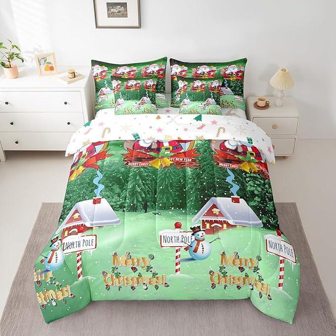Feelyou Santa Claus Printed Bed Set Christmas Decorations Bed in a Bag for Kids Boys Girls Galaxy Blue Cute Decor Comforter Set with Sheets Snowman Snowflake Bedding Set Bedroom Collection Queen Size