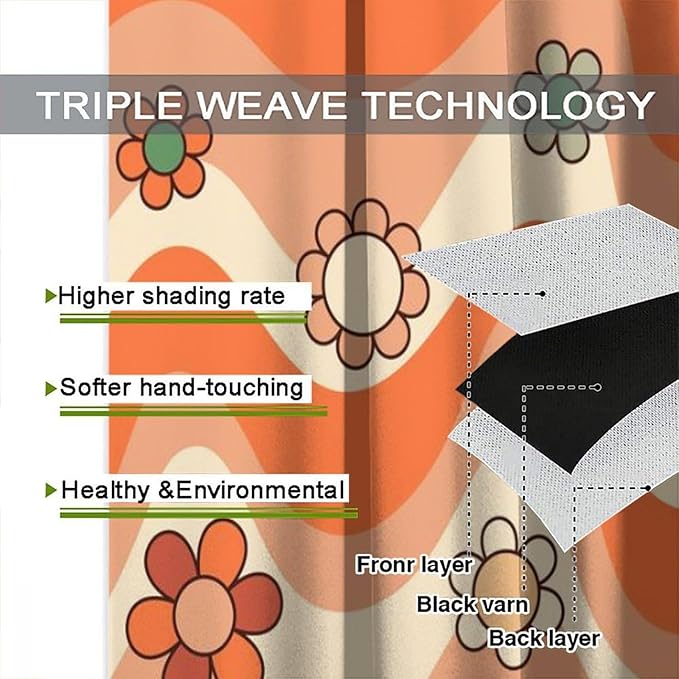 70s Boho Retro Curtains for Bedroom,Groovy Vintage Floral Rainbow Window Treatments Drapes for Kids Girls Window 42"" W X 54"" L, Style-6