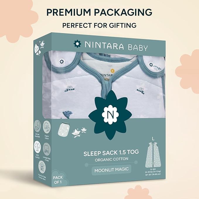 NINTARABABY1.5 TOG Sleep Sack - Premium Organic Cotton, Soft, Breathable, Wearable Blanket for Newborns, Infants & Toddlers (12-18 Months), Unisex Baby Sleeping Bag, Gifts for Babies