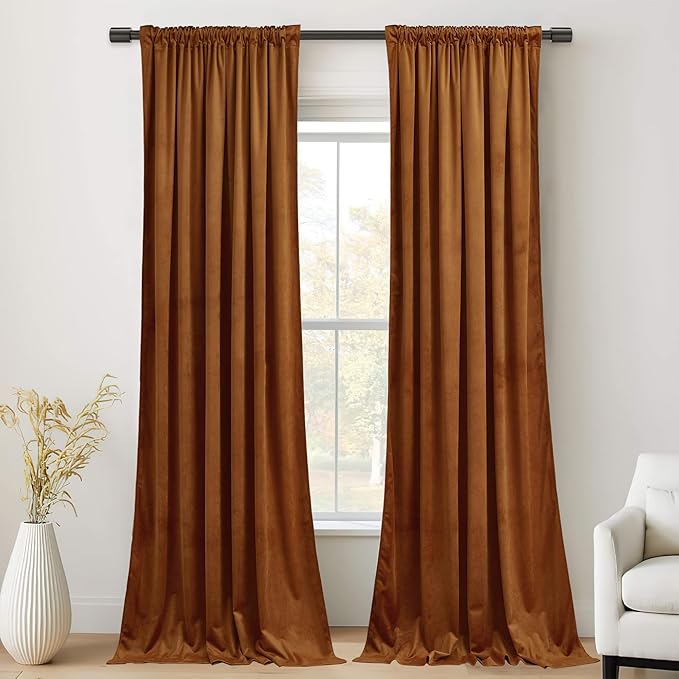 StangH Velvet Curtains 96 inches Long - Burnt Orange Holiday Home Decor Back Tab Blackout Privacy Assured Window Covering for Living Room Sliding Door, W52 x L96, 2 Panels