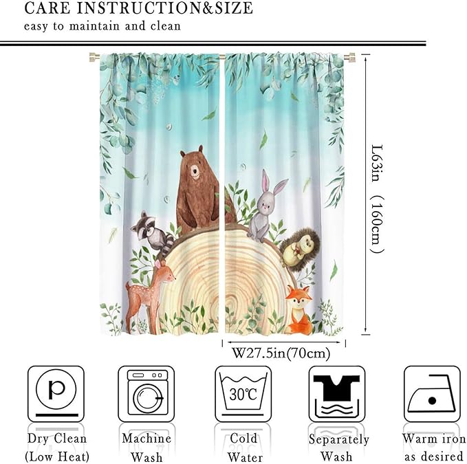 Kids Forest Animal Curtains, Woodland Animal Window Treatments Fox Deer Bunny Wildlife Safari Jungle Bear Farmhouse Window Drapes for Girls Boys Nursery Bedroom 55x63in