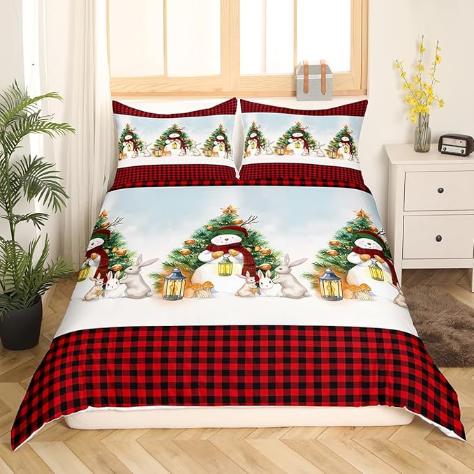 Manfei Red Plaid Duvet Cover Set Full Size, Snowman and Xmas Tree Print Bedding Set 3pcs for Kids Boys Girls Bedroom Decor, Christmas Theme Comforter Cover with 2 Pillowcases,No Comforter