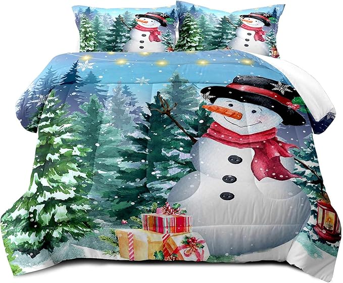 LUVIVIHOME 2PCS Merry Christmas Comforter Set Twin Size, Cute Funny Snowman Bedding, Winter Snowflake Pine Tree Christmas Bedroom Decor for Kids Boys Girls Teens Toddler, Xmas Gifts, 1 Pillow Sham