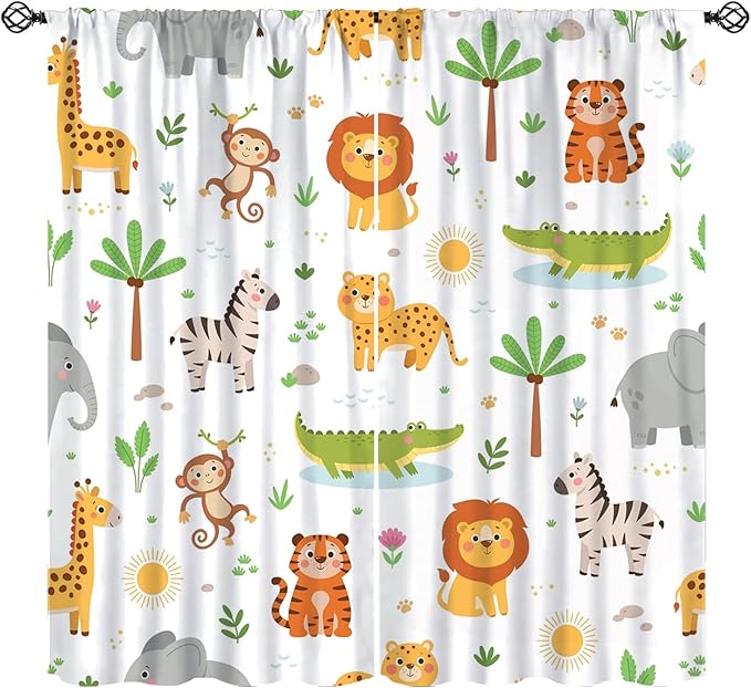 Cartoon Animal Curtains, Safari Woodland Jungle Forest Wildlife Blackout Window Treatments, Rod Pocket Thermal Insulated Drapes 2 Panel Sets for Kids Bedroom Nursery Classroom, 52" W X 84" L