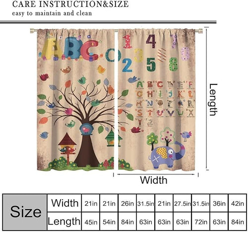 Animal Alphabet Numbers Tree Curtain Learning ABC Letters Birds Numbers Home Printed Rod Pocket Window Treatments for Bedroom Living Room Playroom Nursery 84" W X 84" L