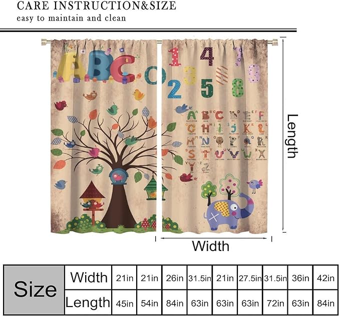 Animal Alphabet Numbers Tree Curtain Learning ABC Letters Birds Numbers Home Printed Rod Pocket Window Treatments for Bedroom Living Room Playroom Nursery 42" W X 54" L
