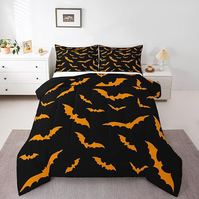 Erosebridal Bat Quilt Happy Halloween Decor Comforter Set Toddler Size for Kids Boys Youth Gothic Spooky Bedding Set Orange Bats Silhouette Duvet Insert with 1 Pillow Case