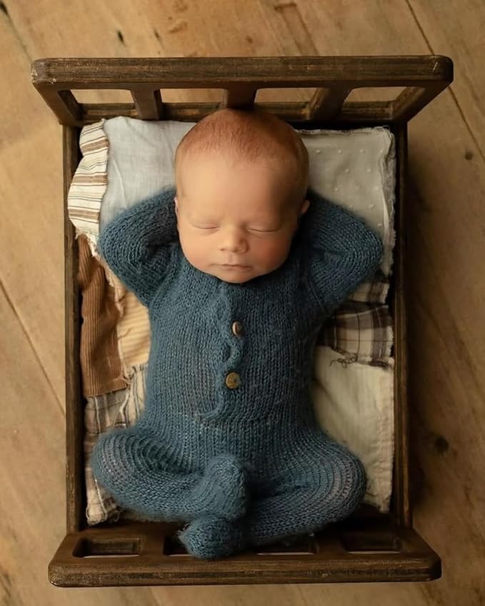 Newborn Bed Prop – Mini Wooden Bed for Baby Photography, Rustic Wood Photo Prop for Newborn Photoshoots & Posing Sessions Detachable Doll Bed
