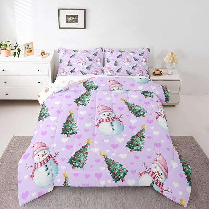 Feelyou Merry Christmas Bedding Set Soft for Boys Girls, Cute Snowman Comforter Set Toddler Size Christmas Tree Duvet Quilt Microfiber Love Hearts 2 Pcs with 1 Pillow Cases