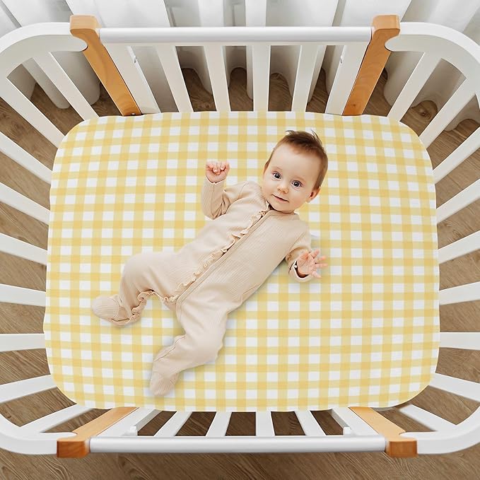 Yellow Gingham Crib Sheets for Boys and Girls, Fitted Baby Crib Sheets Soft and Breathable Mini Crib Sheets 39 X 27 Inches