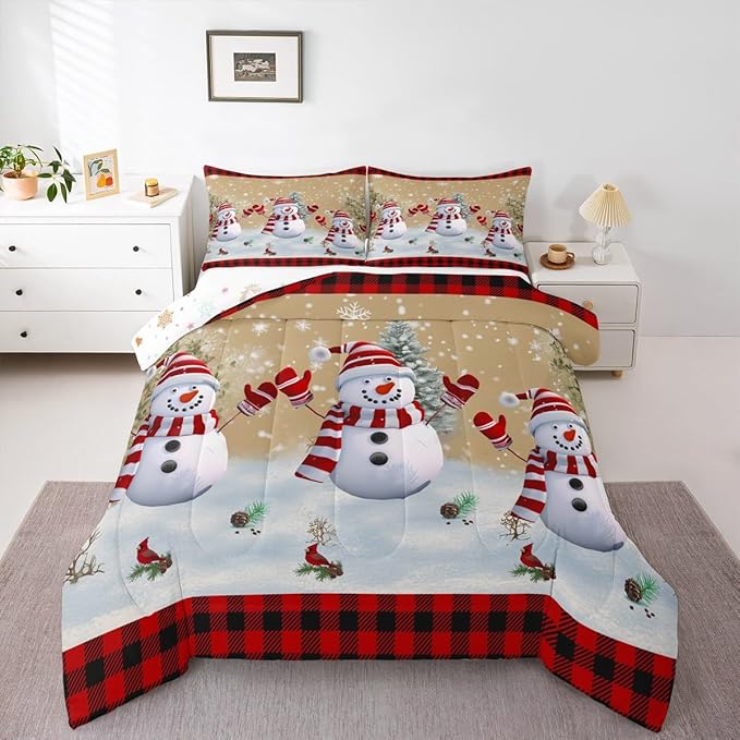 Cartoon Snowman Kids Christmas Comforter Set Twin Size,Pines Snowflake Rustic Bedding,Girls Boys Adults Bedroom/Xmas Cabin Decor,Grids Geometric Down Comforter,Farmhouse Duvet Insert,1 Pillowcase