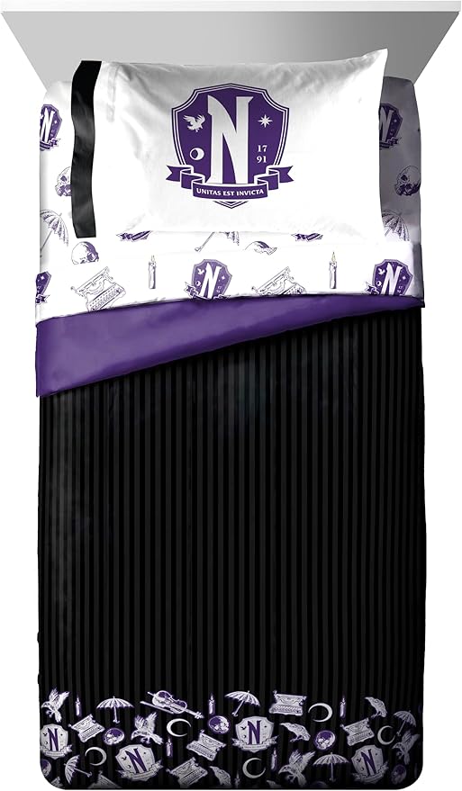 Jay Franco Wednesday Addams Full Comforter Set - 7 Piece Bedding Includes Sheet Set & Pillow Covers - Black and Grey Stripes Super Soft Kids Bedding