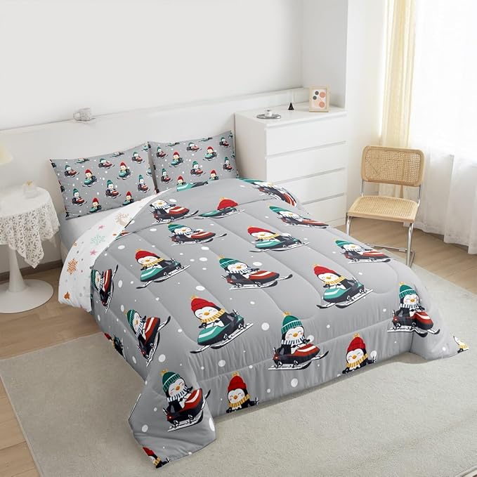 Feelyou Christmas Comforter Set All Season Gray Penguin Bedding Set with 1 Pillow Cases Cartoon Penguin Skiing Microfiber Kids Twin Bedclothes Snowflake Bedroom Decor Duvet Quilt Breathable Soft