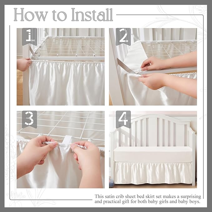 SiinvdaBZX 2-Piece Set Satin Crib Sheets & Crib Bed Skirt, 52" x 28" Silky Soft Ruffled Baby Crib Skirt with Adjustable Elastic 14" Drop, Fit for Standard Crib & Toddler Bedding (Ivory White)