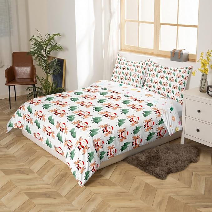 Feelyou Christmas Duvet Cover Cartoon Santa Claus Bedding Set for Kids Boys Girls Teens Room Decor Cute Deer Christmas Tree Comforter Cover Set Xmas Theme Bedspread Cover 3Pcs Zipper Queen Size