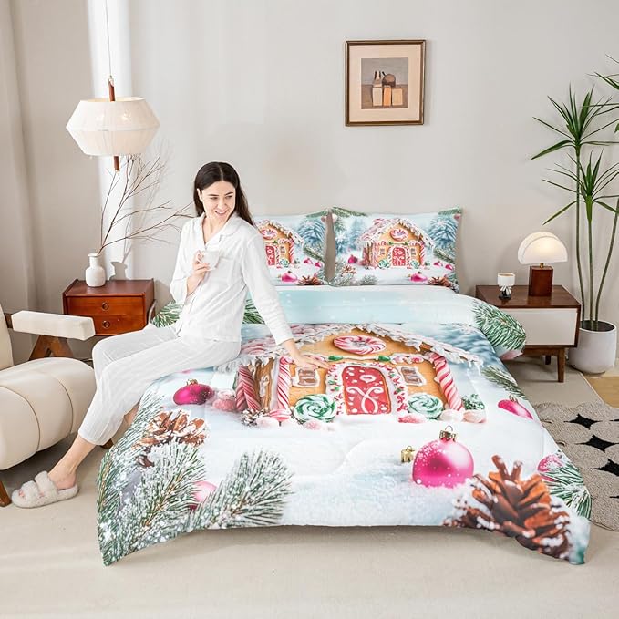 Feelyou Christmas Snowscape House Landscape Bedding Set Soft for Boys Girls,Gingerbread House Comforter Set King Size Candy Canes Duvet Quilt Pine Branches Bedroom Decor 3 Pcs with 2 Pillow Cases