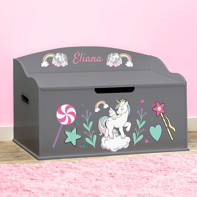 DIBSIES Personalized Creative Wonders Toy Box, Unicorns & Rainbows, 30 x 19.25 x 18 inches, Soft-Close Lid (Dovetail Grey)