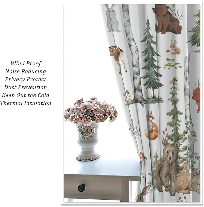 Animal Kids Curtains, Woodland Squirrel Rabbit Bear Animal Friends Forest Curtains for Boys and Girls Bedroom Living Room Kitchen 42x54 Inch