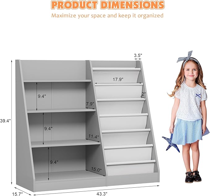 NACHES 4 Tier Kid Bookshelf Wooden 6 Sling Children Bookcase Toddler Montessori Bookcase Book Rack Display Toy Storage Organizer Book Display Shelf Stand Classroom Bedroom Nursery Playroom(Grey)