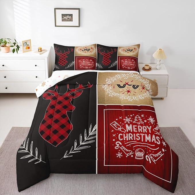 Deer Antler Kids Christmas Comforter Set Queen Size,Elk Plam Leaves Bedding,Girls Boys Adults Bedroom/Xmas Cabin Decor,Plank Lattice Vintage Down Comforter,Rustic Farmhouse Duvet Insert,2 Pillowcases