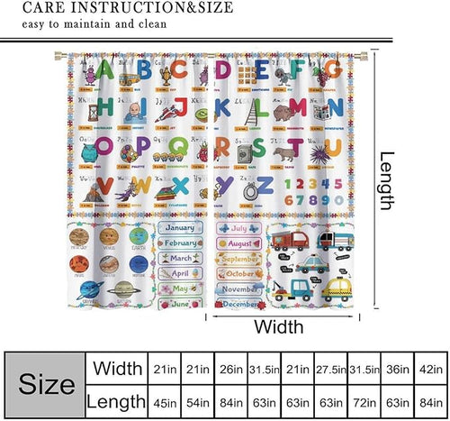 Alphabet Curtain for Kids Room ABC Letter Educational Learning Animal Number Printed Rod Pocket Blackout Window Drapes for Bedroom Playroom Classroom 42" W X 45" L