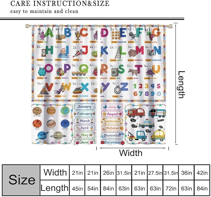 Alphabet Curtain for Kids Room ABC Letter Educational Learning Animal Number Printed Rod Pocket Window Drapes for Bedroom Playroom Classroom Decor 42" W X 45" L