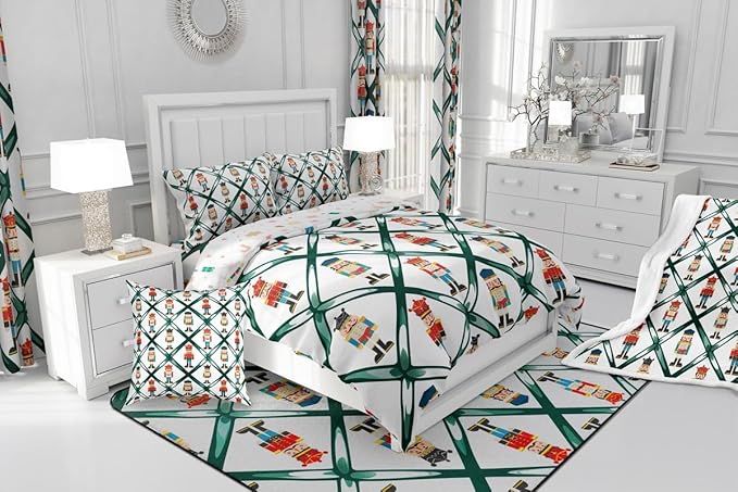 Feelyou Cute Nutcracker Bedding Set Soft for Boys Girls,Green Lattice Pattern Comforter Set Twin Size Colorful Duvet Quilt Microfiber Funny Soldier Bedroom Decor Kawaii 2 Pcs with 1 Pillow Cases