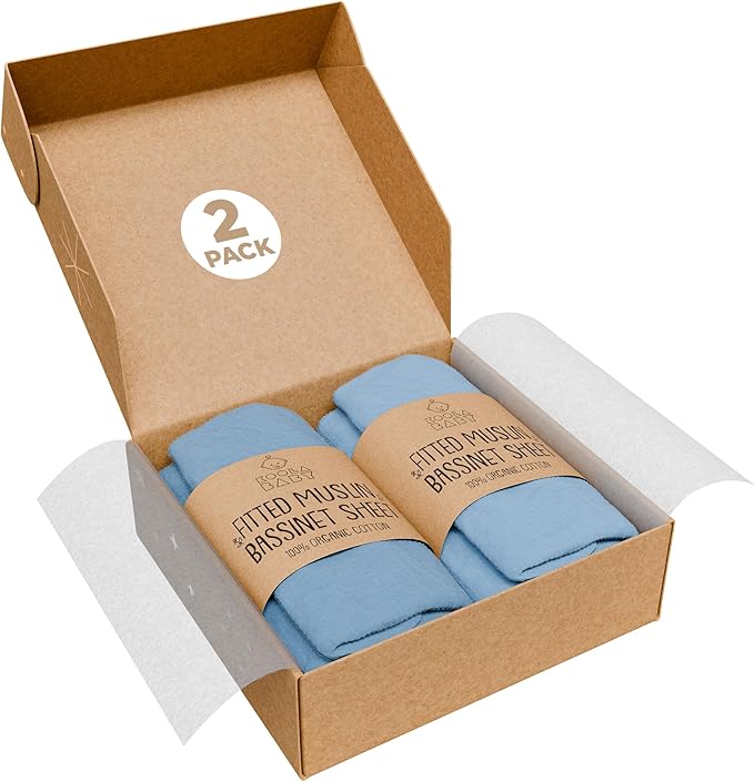 Bassinet Fitted Sheets - Compatible with Halo Bassinest Swivel Sleeper | 100% Organic Muslin Cotton - Light Blue + Dark Blue | 30x16 (2 Pack)