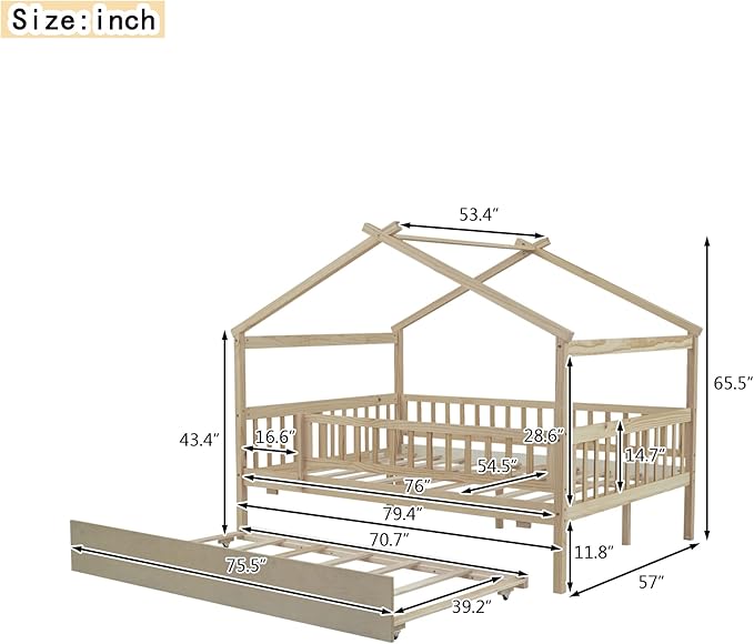 Harper & Bright Designs Full House Bed with Trundle, Kids Platform Frame Rails and Roof, Tent Bed, Wood Playhouse Montessori for Teens Girls Boys, No Box Spring Needed (Natural)