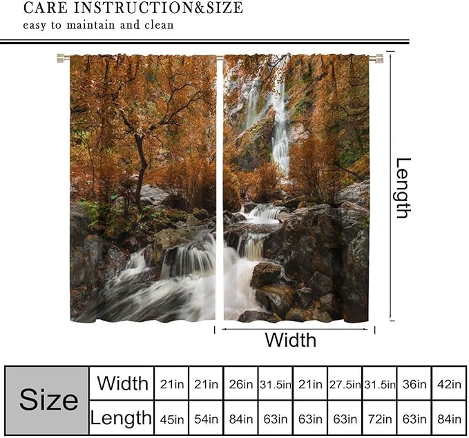 Forest Waterfall Blackout Curtains, Autumn Jungle Mountains Fall Nature Landscape Window Drapes, for Bedroom Living Room 52" W X 84" L
