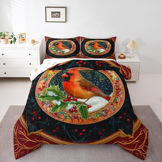 Feelyou Merry Christmas Comforter Set Queen Size Robin Bird Bedding Set for Kids Boys Girls Snowflake Duvet Quilt Winter Bedroom Decor Microfiber 3 Pcs with 2 Pillow Cases