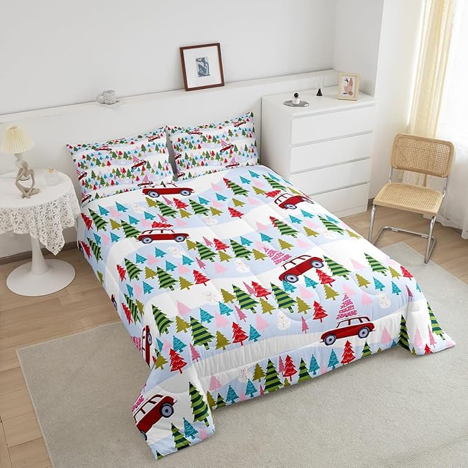 Feelyou Christmas Trees Bedding Set for Kids Boys Girls Full Size Christmas Truck Comforter Set Ultra Soft Winter Snowman Comforter Xmas Duvet Quilt Bedroom Decor Christmas Ornaments Quilt