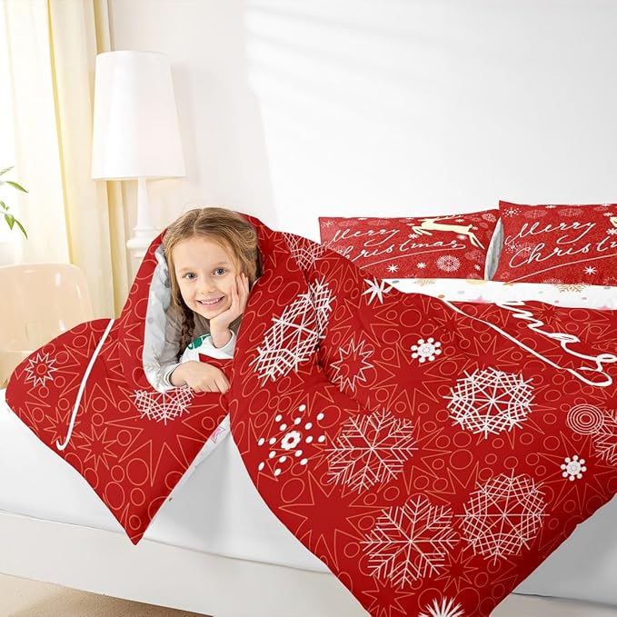 Merry Christmas Kids Comforter Set Twin Size,Deer Animal Silhouette Bedding,Girls Boys Adults Bedroom/Xmas Cabin Decor,Snowflake Dot Graffiti Down Comforter,Red Romantic Duvet Insert,1 Pillowcase