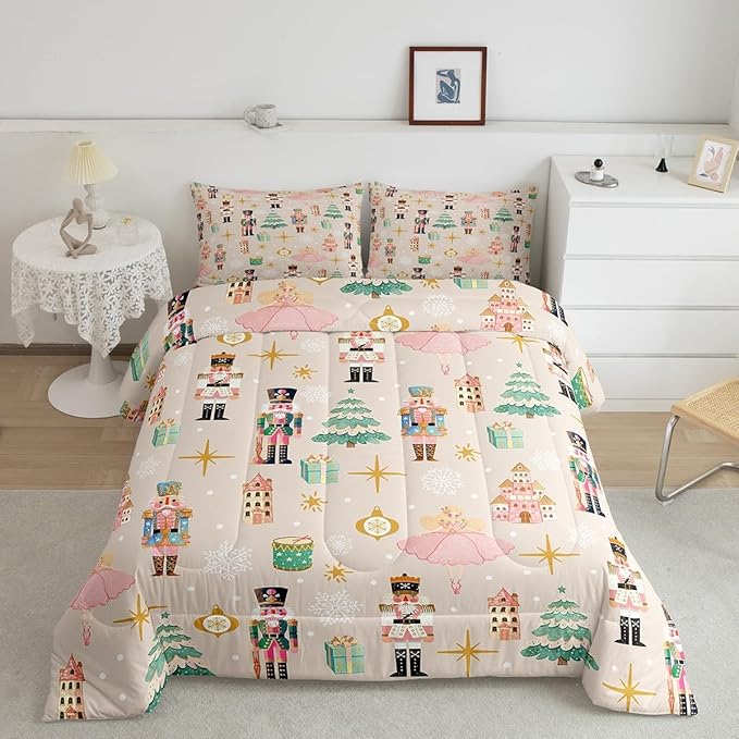 Erosebridal 7Pcs Beige Christmas Comforter Set Twin Size,Princess Nutcracker Bedding Set,Xmas Tree Snow Bed in A Bag for Kids Boys Girls,Starry Sky Christmas Decoration Quilt with Flat Fitted Sheet