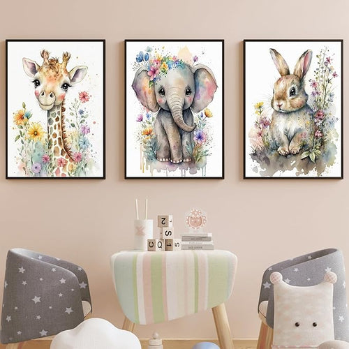 3Pcs Baby Watercolor Safari Animals Nursery Canvas Wall Art Cute Jungle Animals with Wildflower Picture Posters Wall Decor Giraffe Elephant Rabbit Painting Print Artwork for Kids Children Room 12x16in