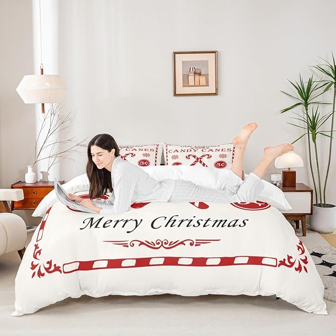 jejeloiu Christmas Bedding Set for Kids Boys Girls Christmas Quote Comforter Cover Set Full Size Candy Canes Print Duvet Cover Bedroom Decor Xmas White Bedspread Cover Bedding Collection 3Pcs