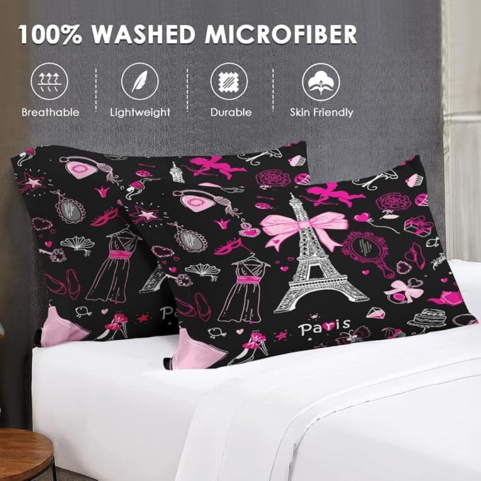 7 Pcs Full Size Comforter Set with 2 Pillowcases & 2 Shams, Paris Eiffel Tower Bedding for Kids and Adults, Cute Pink Makeup Fashion Dress Bed in a Bag with Flat Fitted Sheet